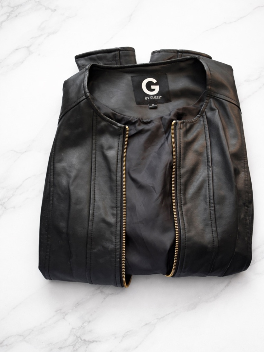 G by Guess Black Faux Leather Jacket with Gold Zipper WITH FLAWS